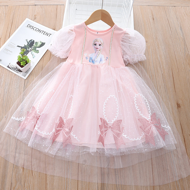 Summer Korean Lovely Lace Elsa Frozen Baby Clothes Short Sleeve Princess Dress Birthday Party Little Girls Costume Vestidos