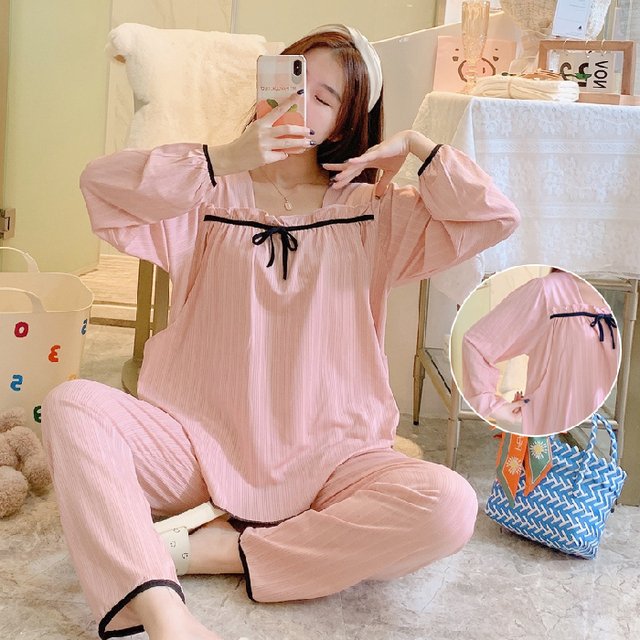 Fashion Cotton Maternity Nursing Pajamas Long Sleeve Pregnant Women Sleepwear Pregnancy Clothes Breastfeeding 2pcs Pajamas Suit