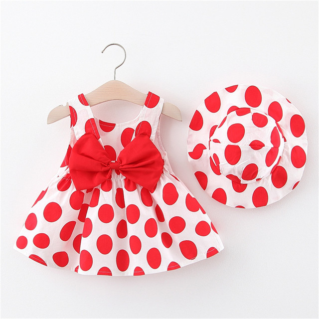 Cute Girls Dress New Summer Baby Boy Dresses Cute Sleeveless Bowknot Baby Dress Girls Dot Print Princess Dress Hat Set