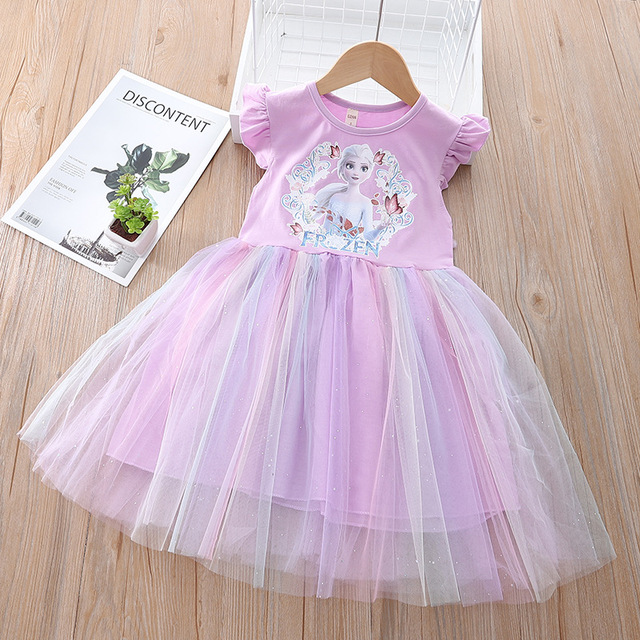 Fashion Summer Kids Clothes Cartoon Short Sleeve Princess Mesh Dress Baby Girls Birthday Costume Korean Pretty Vestidos