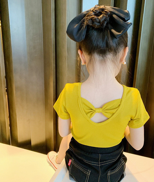 Girls T-shirt Kids Short Sleeve Back Bow-knot Baby Cotton Shirt Clothes 2022 Summer Chilren Hot Color Surface Tees