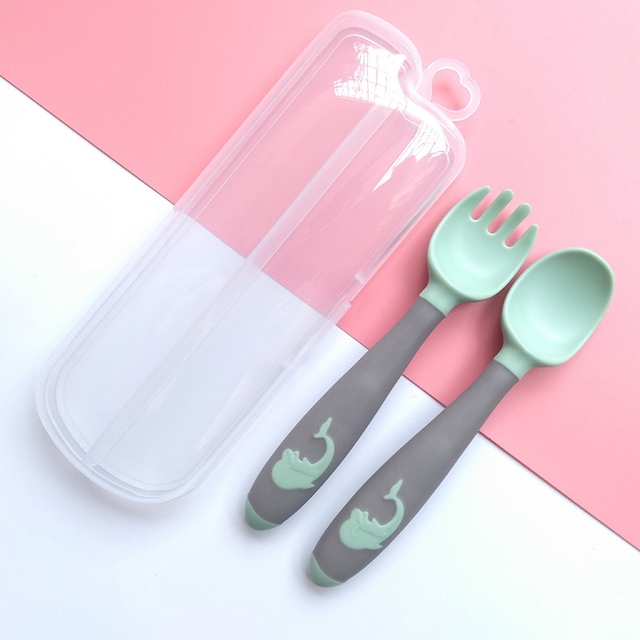 Silicone Baby Spoon Fork Kids Cutlery Set Cartoon Cute Utensil Baby Learning Training Spoon Infant Soft Fork