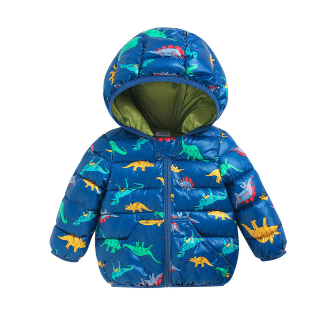 Cartoon Dinosaur Flower Print Hooded Cotton Down Jacket Baby Winter Cartoon Windproof Coat Hooded Warm Outerwear Jacket Freeship