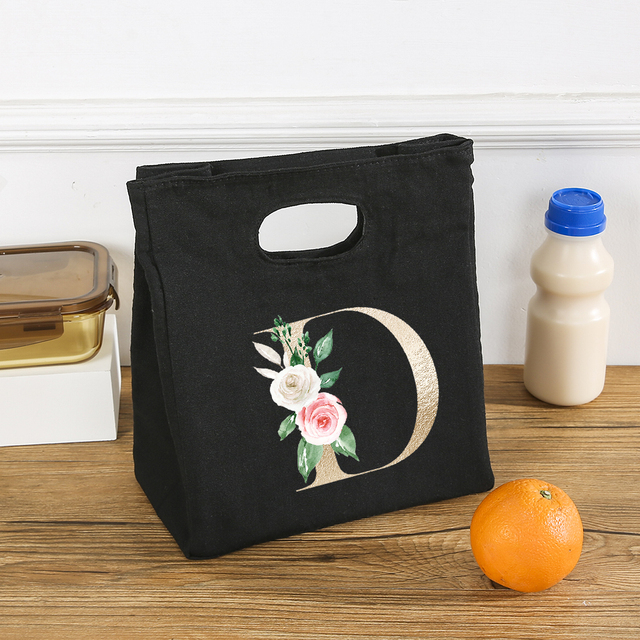 Rose Flower Letters A-Z Canvas Lunch Bag Harajuku Insulated Functional Thermal Pouch Cooler Bags for Women Funny Kid Picnic Box