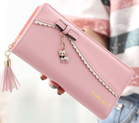 PU long wallet leather wallet women card holder purse sweet bow cute cat pendant tassel ladies clutch phone money coin bag portemonny