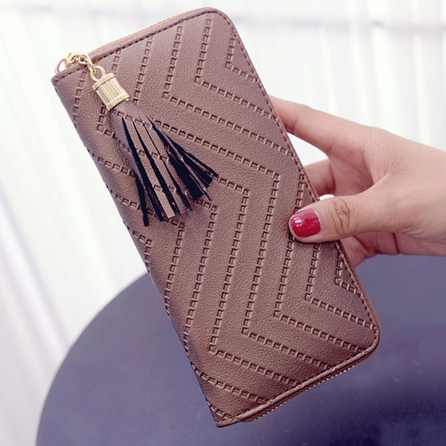 Women Long Wallets Clutch White High Quality Leather Tassel Ladies Zipper Bag Phone Coin Cash Receipt Card Holder