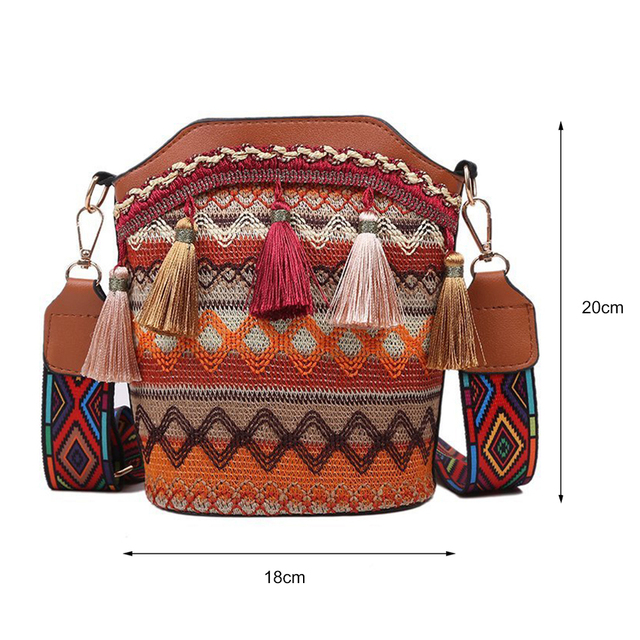 Bohemian Braid Bucket Crossbody Bag with Tassel Fringed Purse Tote Wide Crossbody Shoulder Bag Luxury Strap Designer Handbags