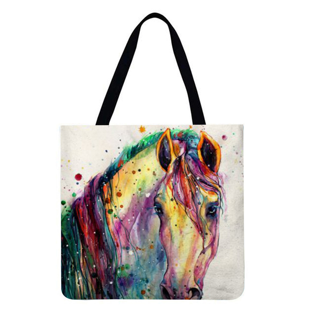 Reusable Linen Shopping Bags Casual Ladies Animal Horse Printed Pattern Tote Square Large Capacity Storage Bag