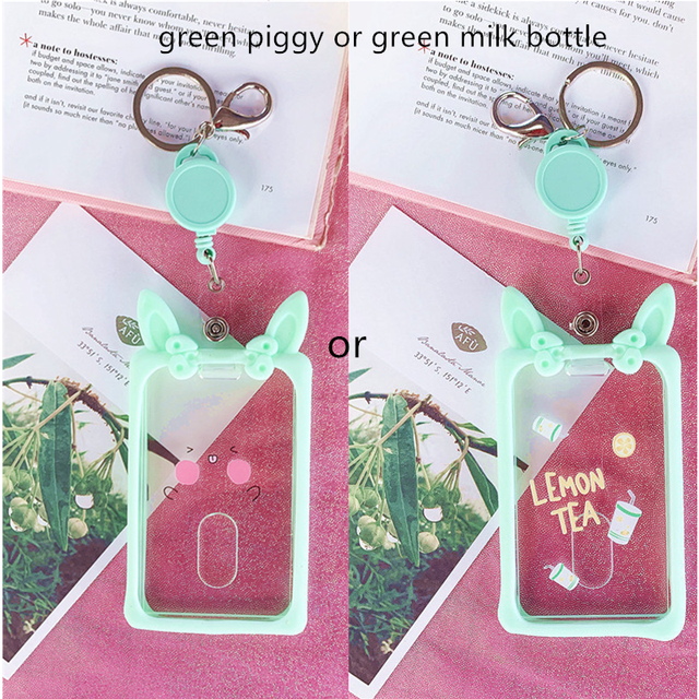 Cute Ear Card Holder Retractable Piggy Milk Bottle Student Card Holder Bus Pass Cover Keychain Card Badge Storage Bag