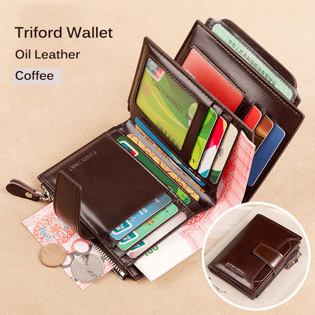 Men's Genuine Leather RFID Blocking Trifold Wallet Short Vintage Multifunctional Credit Card Holder Coin Zipper Pocket Money Bags