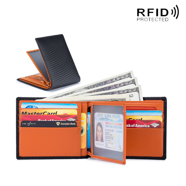 Rfid-محفظة من الجلد الطبيعي وألياف الكربون للرجال ، محفظة رجالية من الجلد الطبيعي مع حامل بطاقات ، محفظة صغيرة ، محفظة سوداء