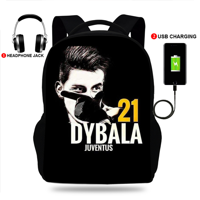 Oxford Paulo Dybala School Backpack, School Backpack with USB Cable and Shoulder Bag for Teenagers Girls Boys