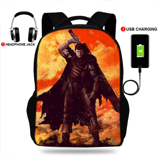 USB Charge Student Backpack Kids Berserk Guts Manga Swordsman School Bag Teenagers Anime Backpack Adult Travel Laptop Mochila