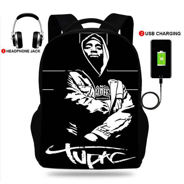 USB Port Book Bag Student School Bag For Boys Girls Travel Rapper Tupac Backpack