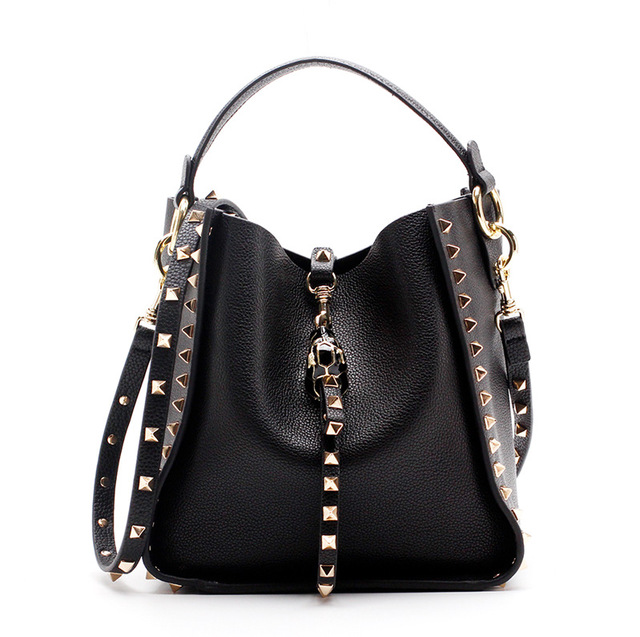 Genuine leather rivet bucket bag, purses and handbags luxury designer studded cowhide ladies shoulder bag with crossbody strap