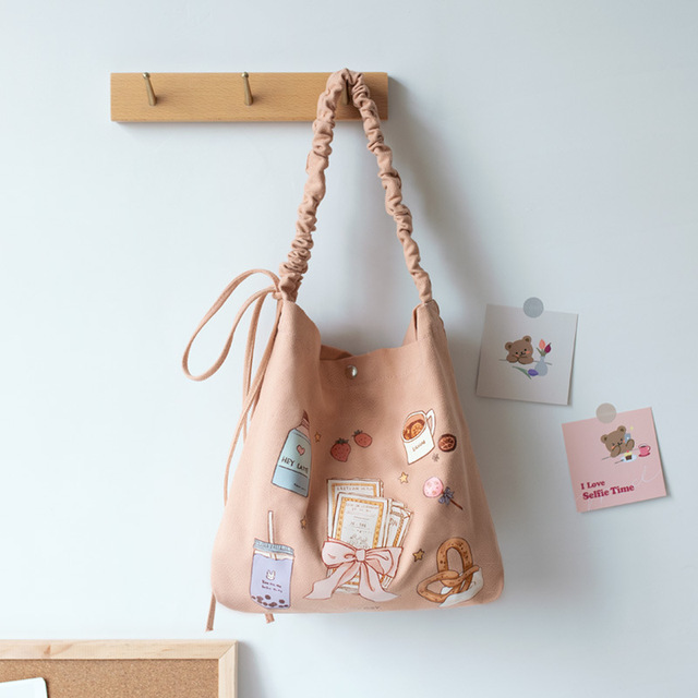 cute purse shoulder bags tote bags 2021 high quality fashion sweet japanese style cartoon pleated bow women shopper canvas bags