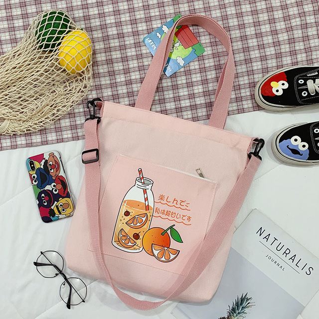 2021 women canvas shopper bag with print shopper tote bag girls summer bags female cartoon orange shoulder bag school bag