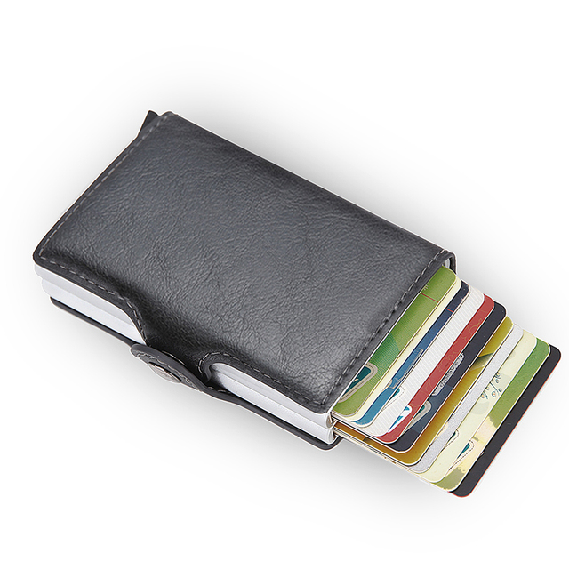 DIENQI- Genuine Leather Anti-Rfid Card Holder for Men Simple Male Wallet Aluminum Metal Card Holder