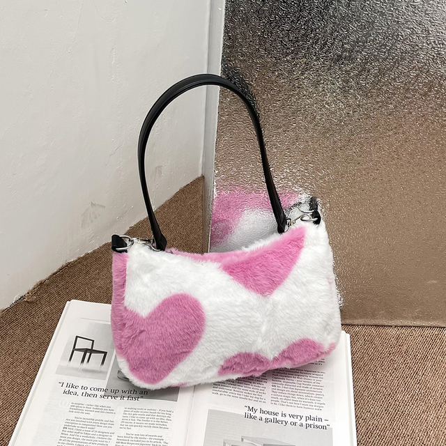 2021 Winter Love Heart Print Underarm Handbags Women Soft Plush Leopard Zebra Small Shoulder Bags Female Warm Fluffy Tote Bags