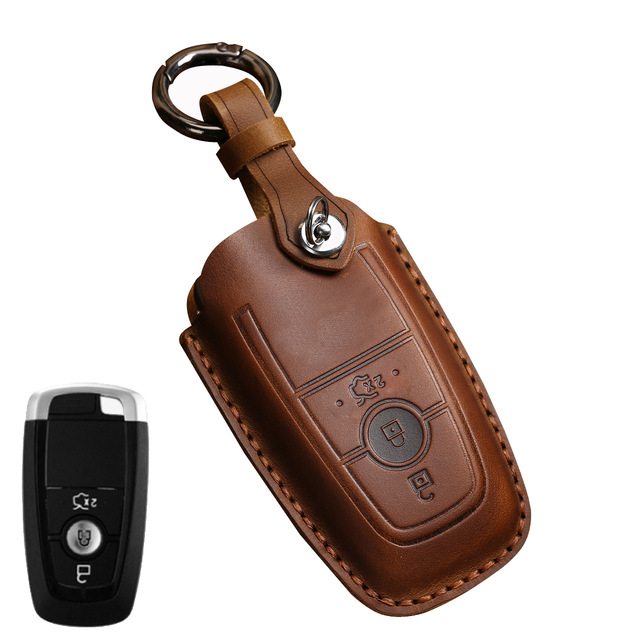 Leather Key Case Cover Fob Keychain Holder For Lincoln Ford Raptor F150 Explorer Everest Ranger Accessories Remote Keyring Bag