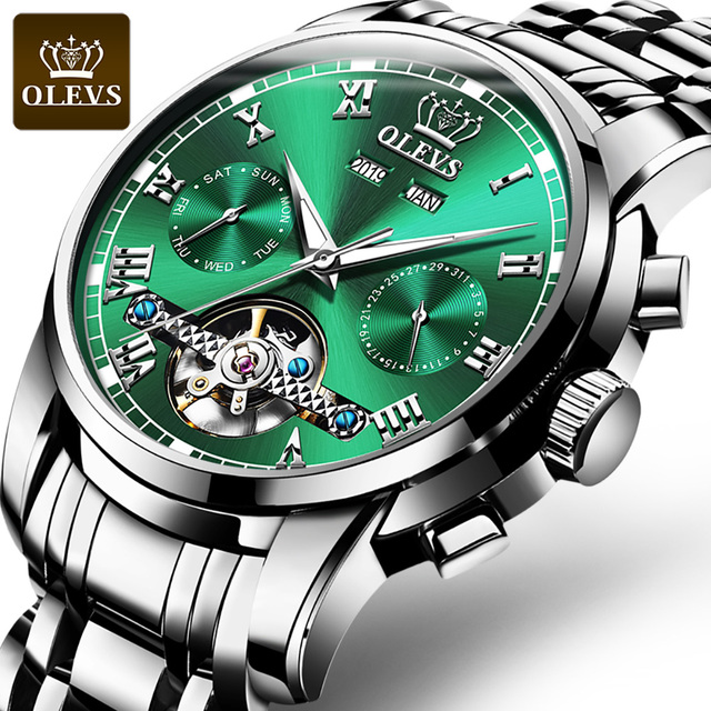 OLEVS Automatic Mechanical Men Watches Stainless Steel Waterproof Date Week Green Fascio Classic Wristwatches Reloj Hombre