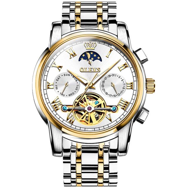 OLEVS-Men's Mechanical Watch, Classic, Water Resistant, Stainless Steel, Skeleton, Mechanical