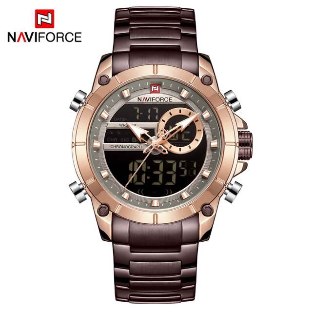 NAVIFORCE Men Military Sports Wrist Watch Gold Quartz Steel Waterproof Dual Display Male Clock Watches Relogio Masculino 9163