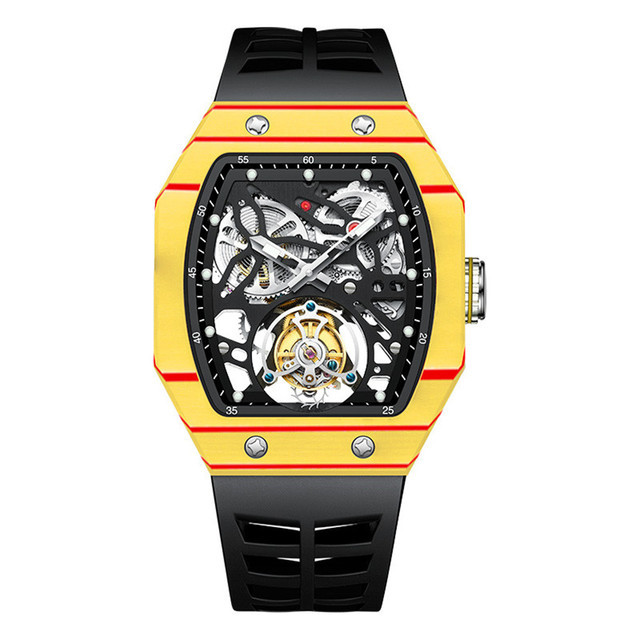 Aesop trending square flying tourbillon watch carbon fiber bezel mechanical men watches top quality red skeleton male watch