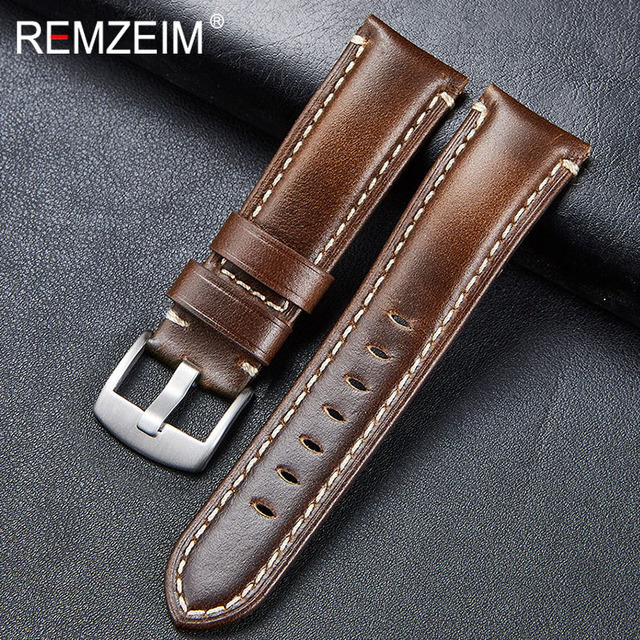 Remz Patterned - Genuine Leather Watch Strap, Brown, Green, Antique, 20, 22, 24, 26 mm, with Black and Silver Buckle