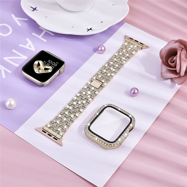 Women's Diamond Case + Strap for Apple Watch Band 7 6 41mm 45mm 40mm 44mm Metal Bracelet for iWatch Series 7 SE 3 Jewelry Cover