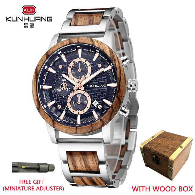 Kunhuang Luxury Wood Stainless Steel Men Watch Fashion Wooden Watches Chronograph Quartz Watches relogio masculino gift man