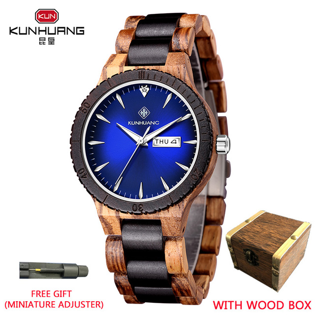 Kunhuang Men's Watch Colorful Dial Wooden Watch Week Clock Date Display Quartz Wood Wristwatch for Men Women reloj mujer