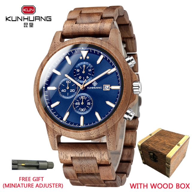 Kunhuang Handmade Wooden Watches Mens Watches Chronograph Watch Military Quartz Wristwatch Male In Wooden Gift Box Relogio