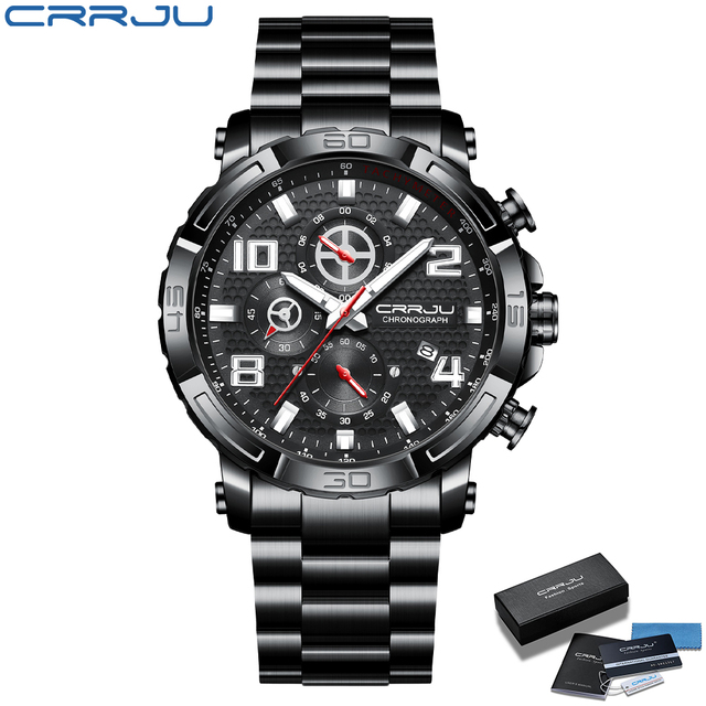 CRRJU Men's Watches Large Dial Waterproof Stainless Steel With Luminous Hands Date Sports Chronograph Watches Relogio Masculino