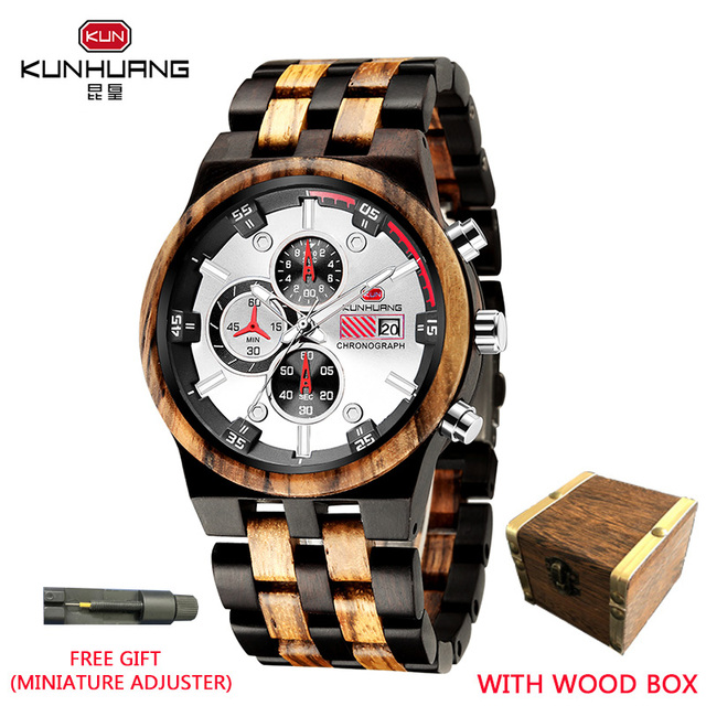 Kunhuang Wooden Mens Watch Luxury Elegant Wood Watches Chronograph Zebra Wood Quartz Watches in Wooden Gift Box reloj de hombre