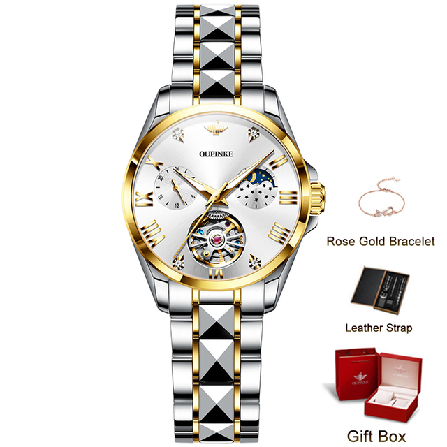 OUPINKE Luxury Watches for Women Bracelet Moon Phase Sapphire Crystal Automatic Mechanical Wristwatch Water Resistant Watch Clock