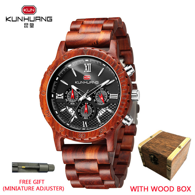 kunhuang wooden watch men erkek kol saati luxury stylish wood watches chronograph military quartz watches in wooden gift box