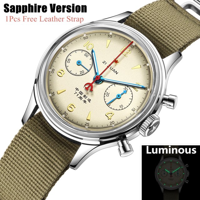 38 Pilots Men's ST19 Chronograph Watch Acrylic/Sapphire Glass 1963 Seagull Movement Male NATO Strap Men Mechanical Wristwatches