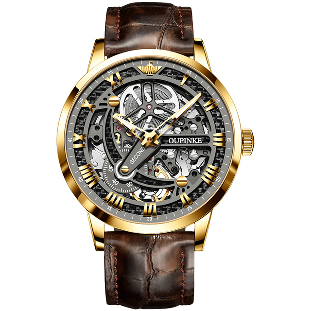 Top Brand OUPINKE Luxury Men's Mechanical Wristwatch Automatic Watch Men Classic Skeleton Leather Sapphire Waterproof