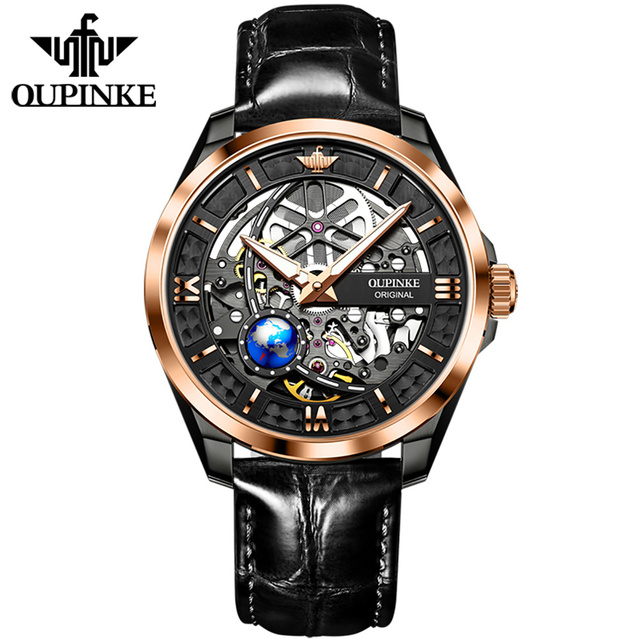 OUPINKE New Men's Automatic Mechanical Watch Skeleton Design 50M Waterproof Sapphire Mirror Leather Strap Male Watches