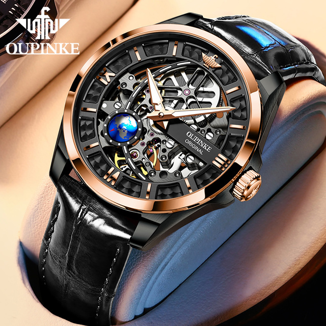 OUPINKE Watch Men Skeleton Design Automatic Watch 50M Waterproof Sapphire Leather Strap Men Mechanical Wristwatches 3268