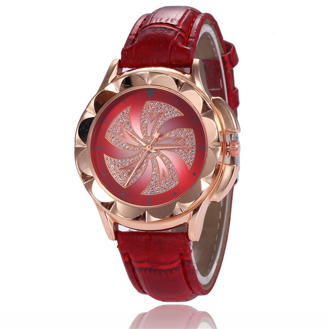 Popular windmill diamond inlaid women's quartz watch leisure bamboo style leather strap