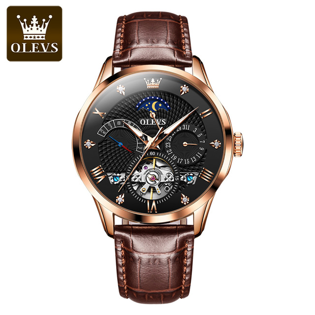 OLEVS New Luxury Men Automatic Mechanical Watch Waterproof Luminous Hollow Watches for Men Leather Strap Moon Phase Calendar