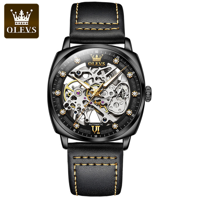 OLEVS Watch for Men Luxury Brand Diamond Automatic Mechanical Wristwatches Skeleton Design Waterproof Leather Men's Watches