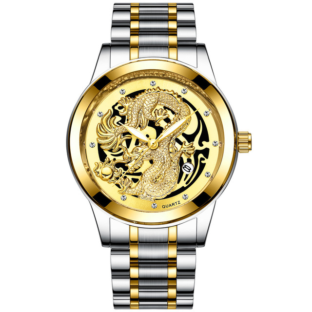 FNGEEN Mens Watches Luxury Brand Chinese Golden Dragon Quartz Watch Diamond Dial Stainless Steel Watch Male Relogio Masculin