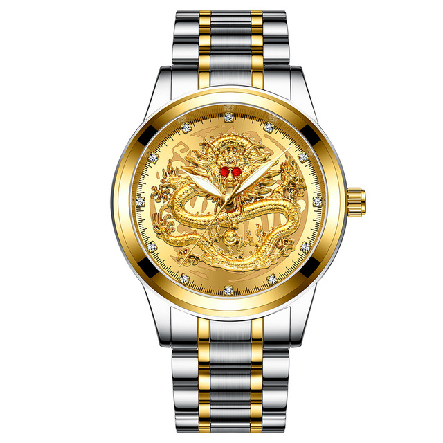 FNGEEN Mens Watches Luxury Brand Chinese Golden Dragon Quartz Watch Diamond Dial Stainless Steel Watch Male Relogio Masculin