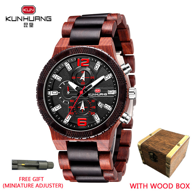 Kunhuang New Fashion Wooden Men's Watch Luxury Brand Multifunction Sports Mens Wristwatch Quartz Casual Relogio Masculino