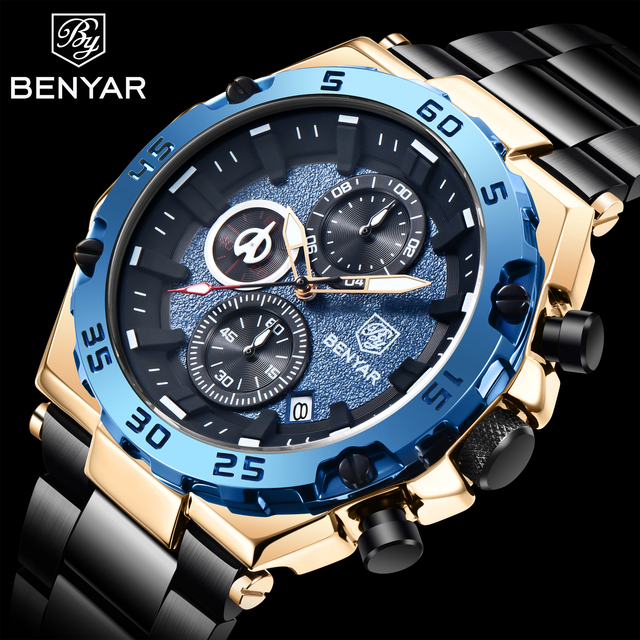 BENYAR 2022 New Luxury Men's Quartz Wrist Watches Waterproof 30M Stainless Steel Business Chronograph Watch for Men reloj hombre