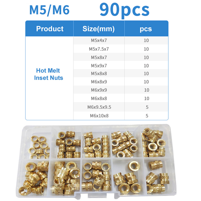 90-500 قطعة M2 M2.5 M3 M4 M5 M6 النحاس الساخن تذوب المكسرات مجموعة متنوعة موضوع النحاس مخرش الخيوط إدراج Embedment المكسرات مجموعة