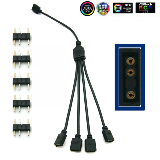 5-24V 3 Pin RGB Connector 1 to 1 2 3 4 5 3pin Wire Splitter Extension Cable for Computer Fan Motherboard Aura RGB LED Sticker Light